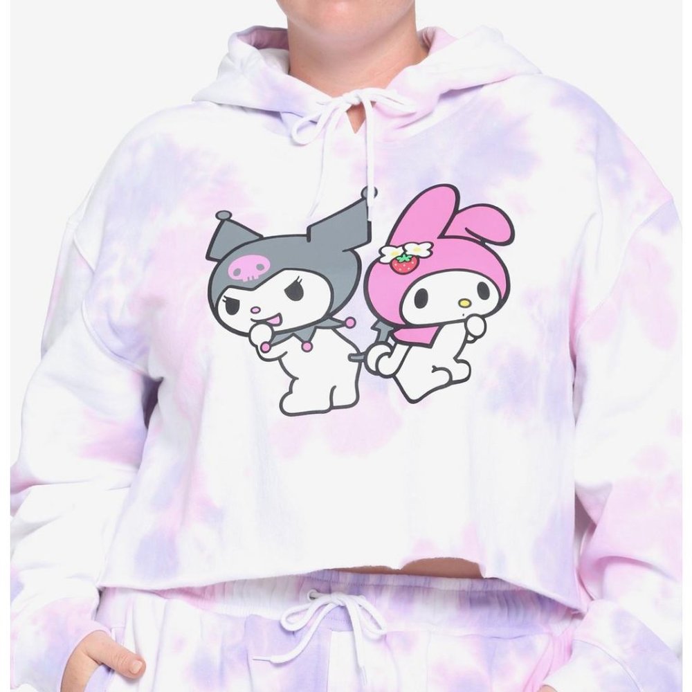 My Melody & Kuromi Pink & Purple Wash Girls Crop Hoodie - Size 2X